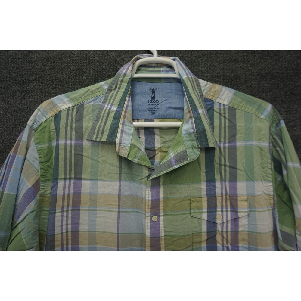 Izod Shirt Mens XXL Seaside Poplin Green Blue Plaid Button Up